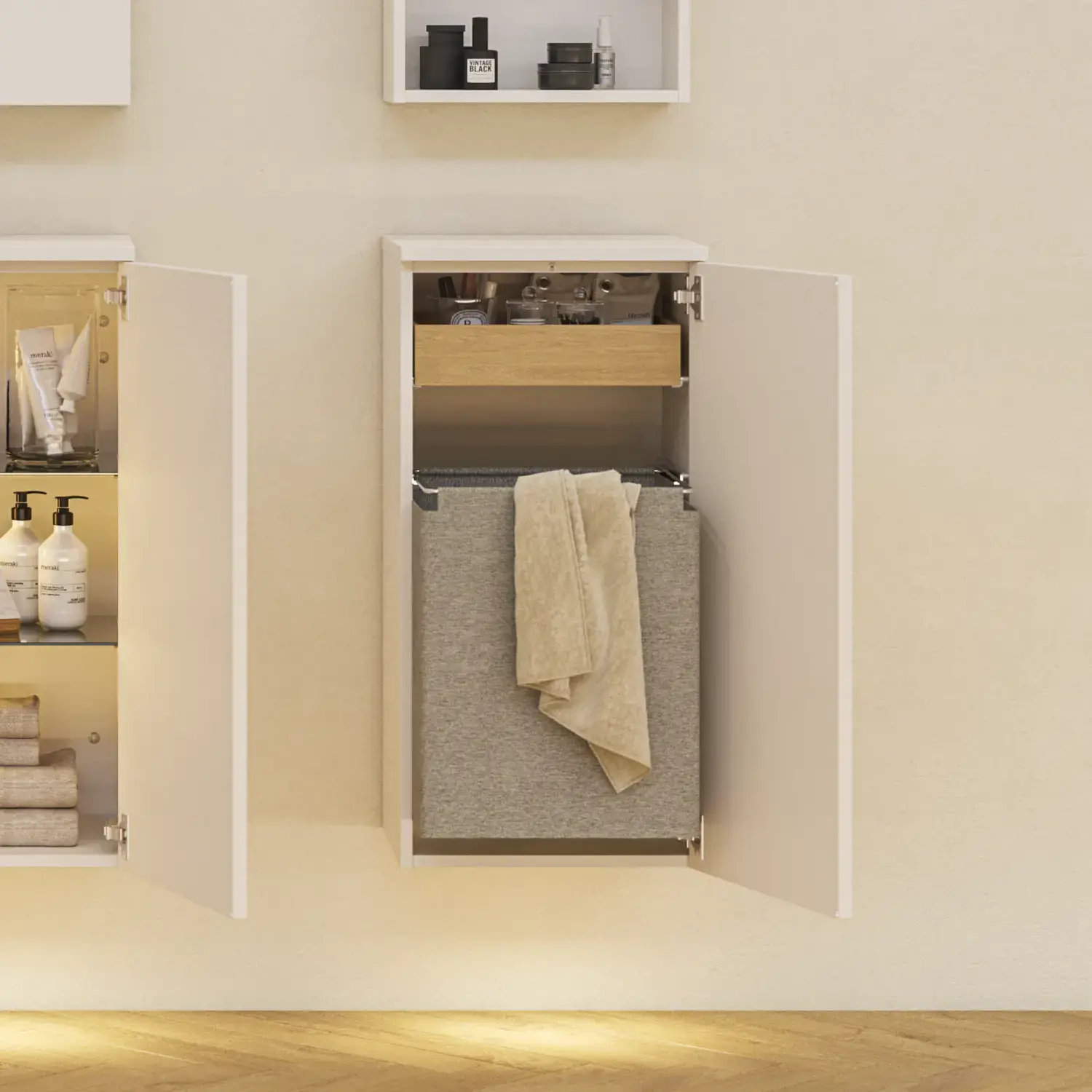 Badezimmerinspiration mit Oberschränken und Unterschranken, die Aufbewahrung optimal und ästhetisch machen