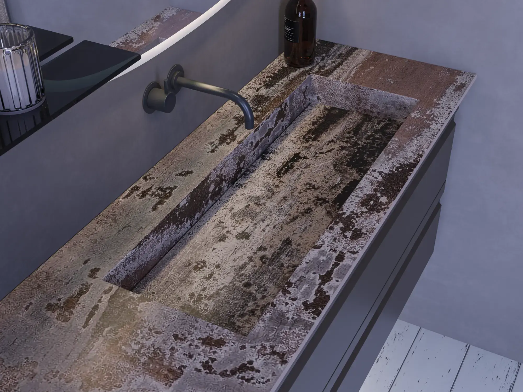 Inspiration für ein großes Badezimmer mit grauem Waschtischunterschrank mit integriertem Griff, stilvollem, seitlich montiertem Waschbecken, quadratischem Spiegel mit abgerundeten Ecken, Wänden in Betonoptik und rohen Materialien für einen urbanen Look