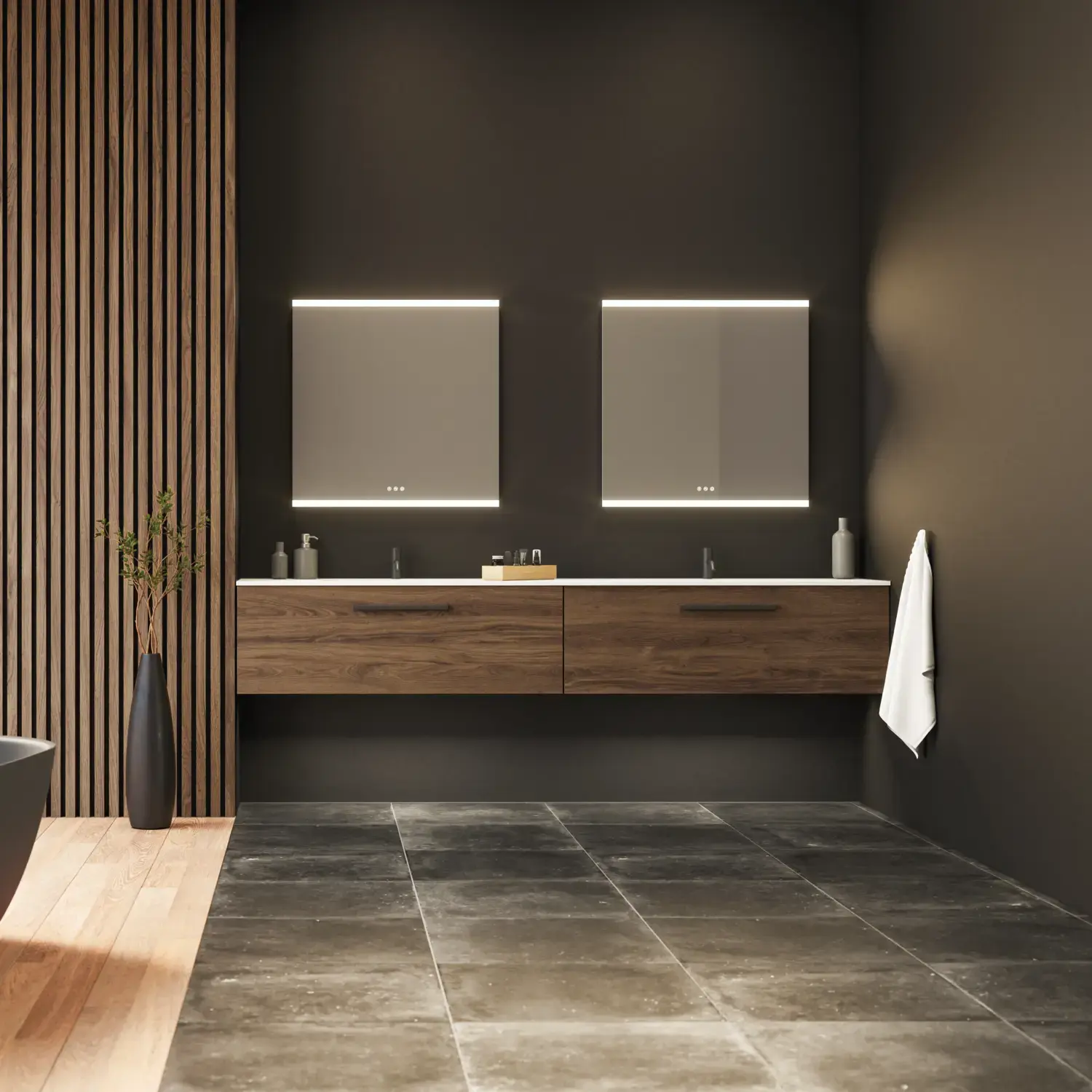 Große Badezimmer-Inspiration mit Waschtischunterschränken und braunen Eichendielen, freistehender Badewanne, und quadratischen Spiegeln mit Beleuchtung, elegante Doppelwaschbecken sorgt für einen modernen und symmetrischen Look
