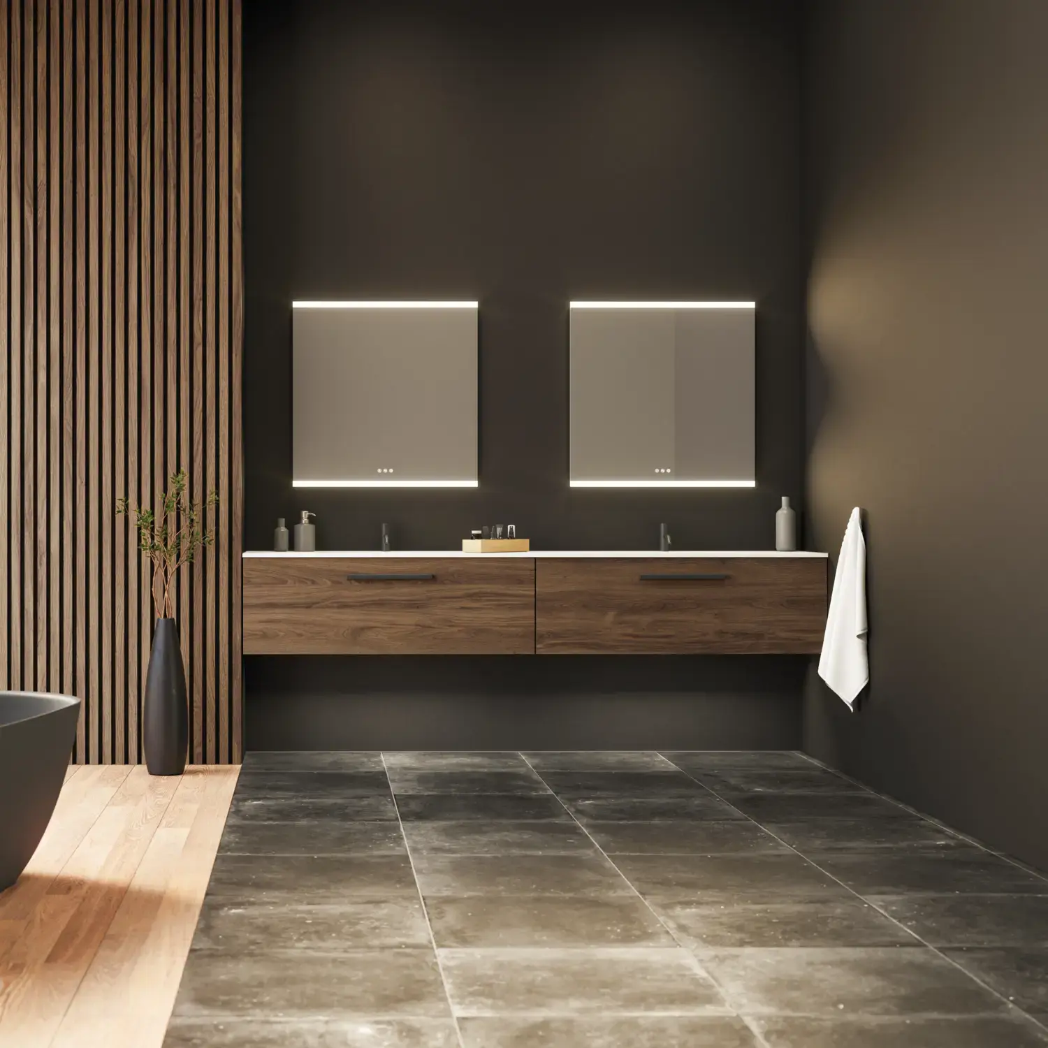 Große Badezimmer-Inspiration mit Waschtischunterschränken und braunen Eichendielen, freistehender Badewanne, und quadratischen Spiegeln mit Beleuchtung, elegante Doppelwaschbecken sorgt für einen modernen und symmetrischen Look