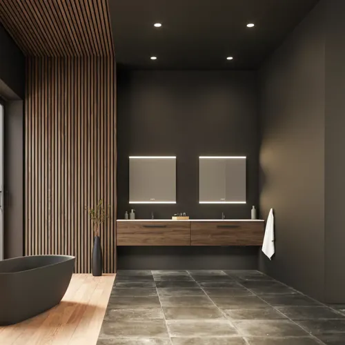 Große Badezimmer-Inspiration mit Waschtischunterschränken und braunen Eichendielen, freistehender Badewanne, und quadratischen Spiegeln mit Beleuchtung, elegante Doppelwaschbecken sorgt für einen modernen und symmetrischen Look