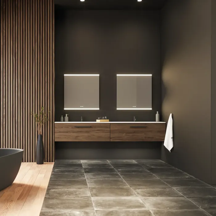 Große Badezimmer-Inspiration mit Waschtischunterschränken und braunen Eichendielen, freistehender Badewanne, und quadratischen Spiegeln mit Beleuchtung, elegante Doppelwaschbecken sorgt für einen modernen und symmetrischen Look