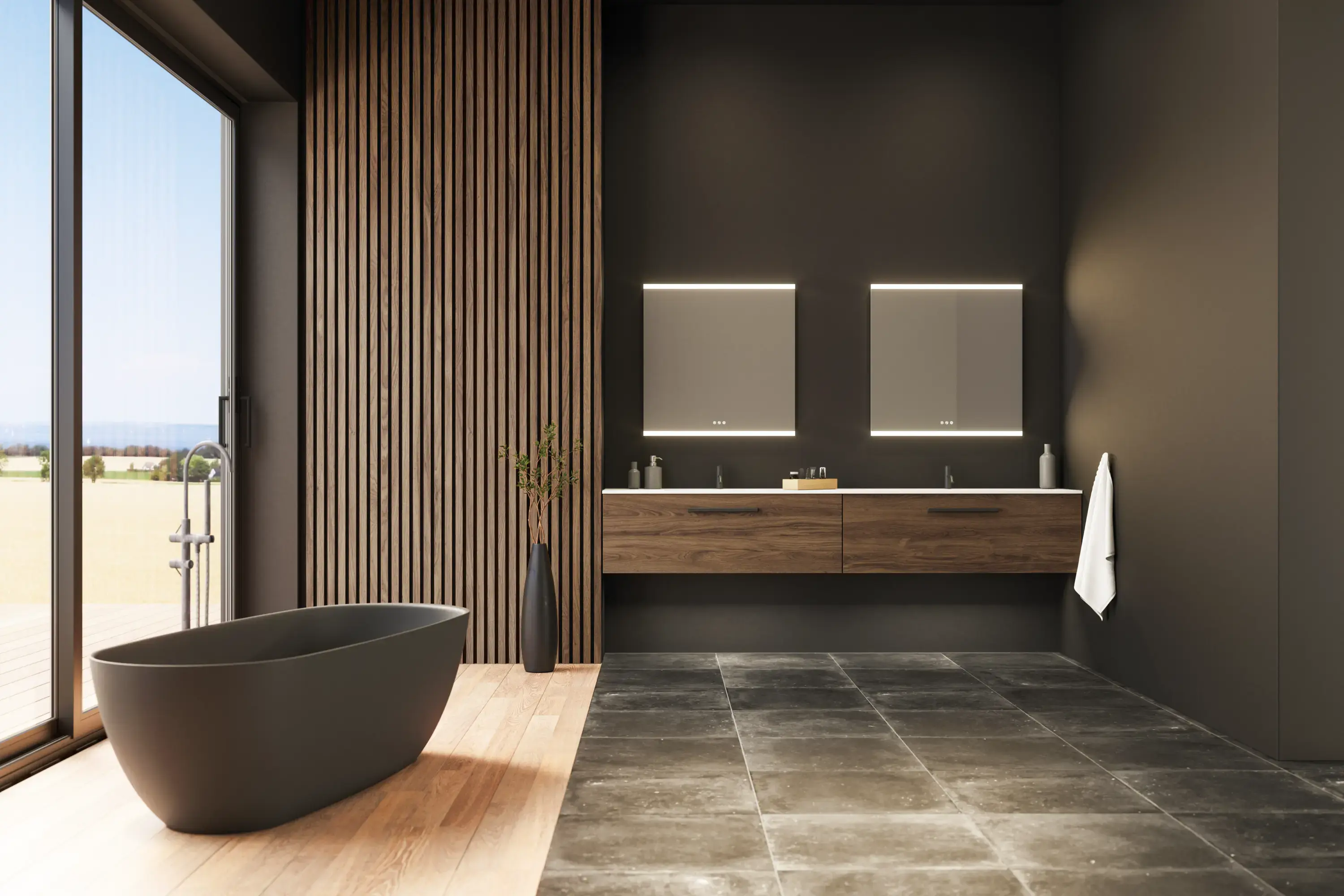 Große Badezimmer-Inspiration mit Waschtischunterschränken und braunen Eichendielen, freistehender Badewanne, und quadratischen Spiegeln mit Beleuchtung, elegante Doppelwaschbecken sorgt für einen modernen und symmetrischen Look