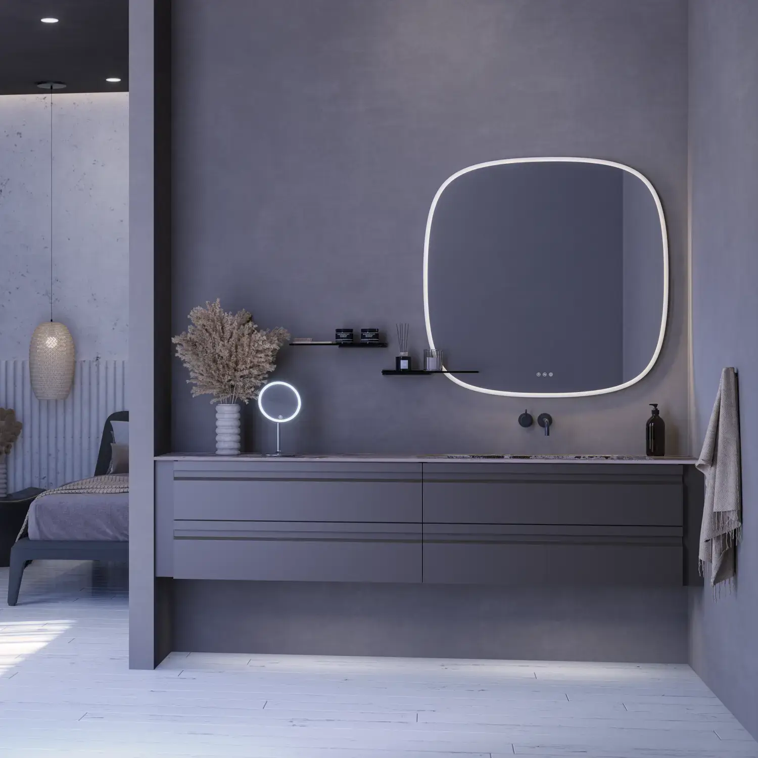 Inspiration für ein großes Badezimmer mit grauem Waschtischunterschrank mit integriertem Griff, stilvollem, seitlich montiertem Waschbecken, quadratischem Spiegel mit abgerundeten Ecken, Wänden in Betonoptik und rohen Materialien für einen urbanen Look