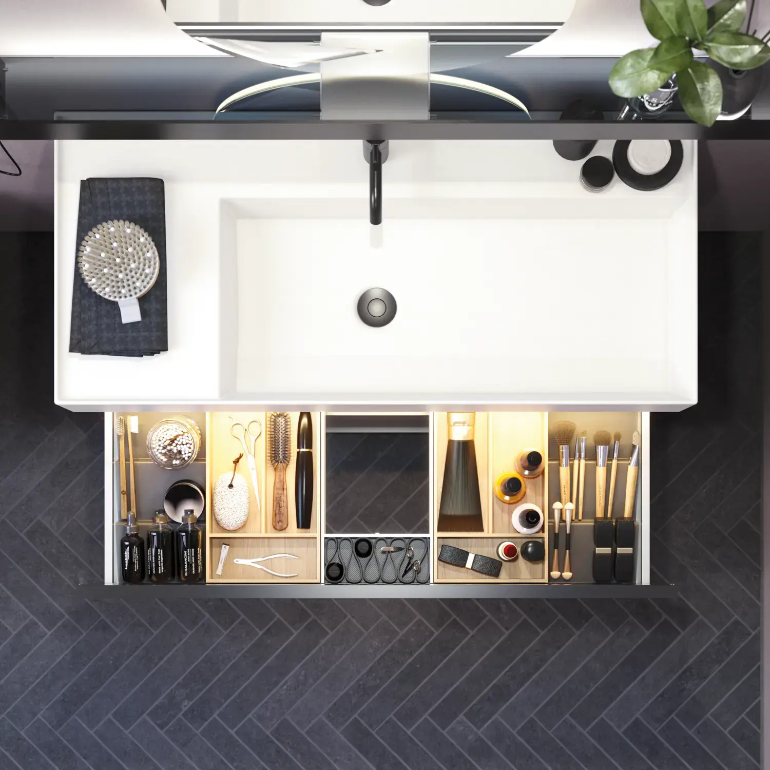 Badezimmer mit schrägen Wänden, inspiriert von lila Möbeln mit eleganten Rahmenfronten, ovalem Spiegel mit Lampe, praktischer Ablage, lila Wand und grauem Fischgrätenboden für einen eleganten, modernen Look.