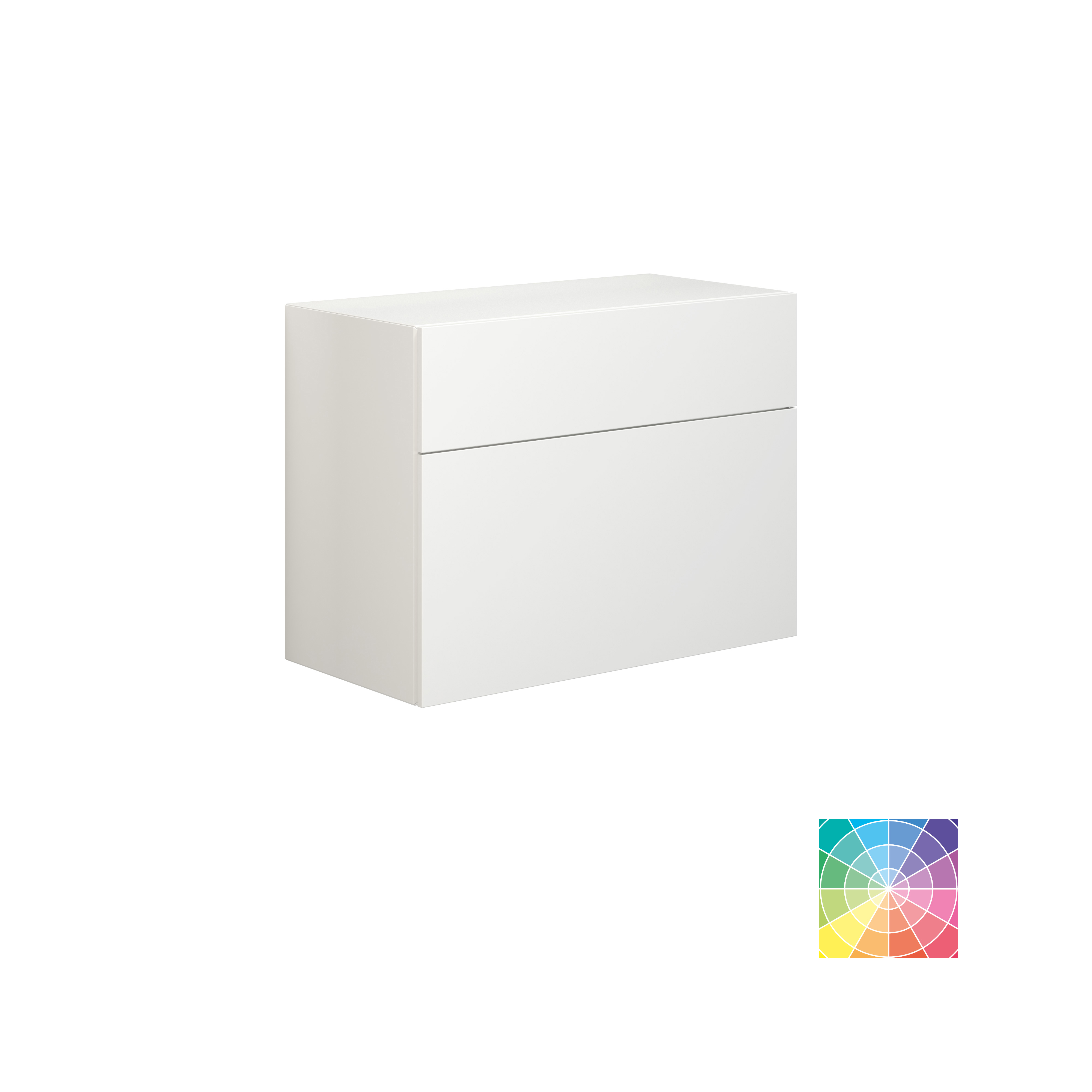 Elegante und moderne Badezimmer Inspiration mit schrägem Dach, wandmontierten blauen Waschtischunterschränken und Unterschränken, rundem Waschbecken mit Messingarmatur, beleuchtetem Spiegel und natürlichem Licht