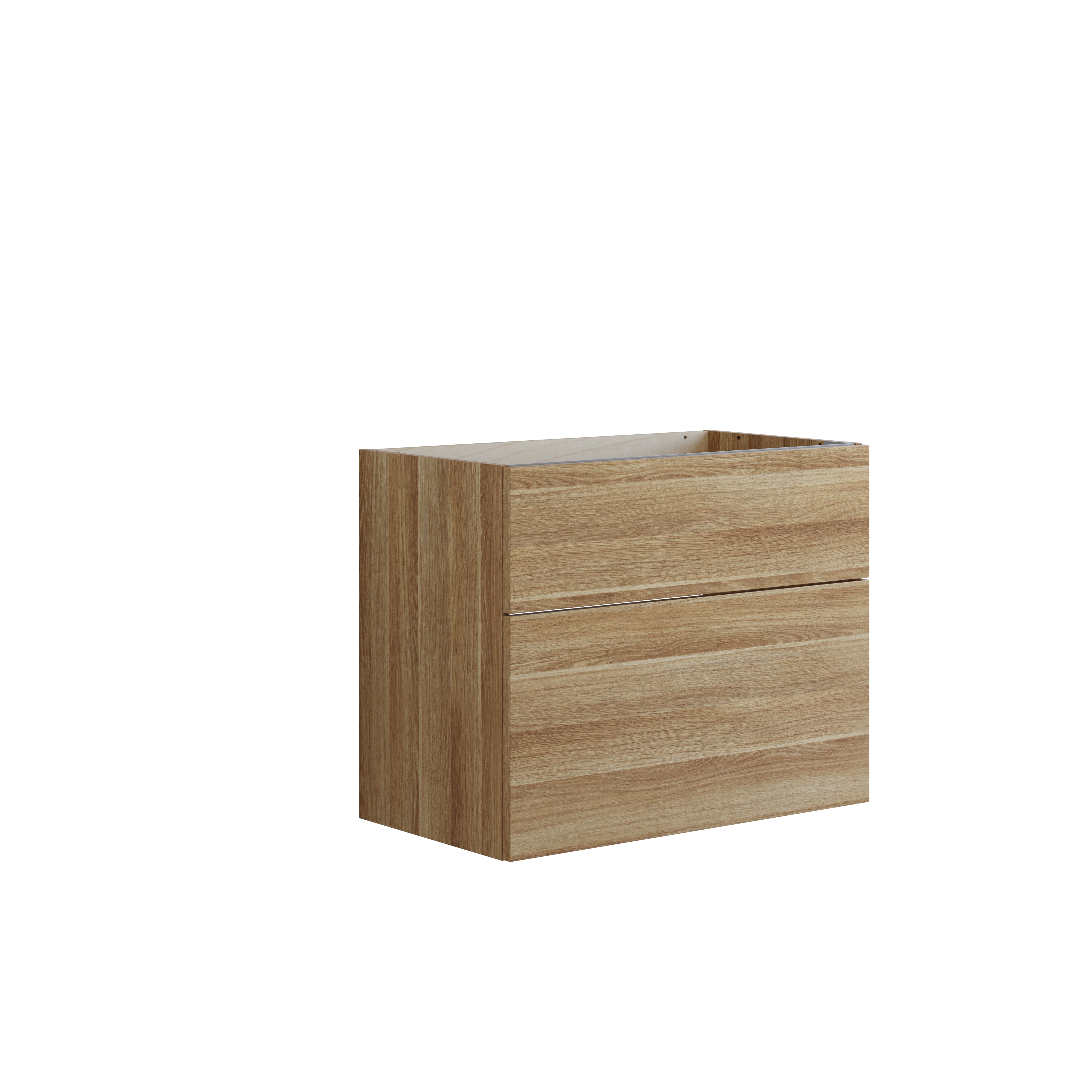 Nordisches Badezimmer aus Holz mit schönen runden Spiegeln mit schwarzen Kanten und viel Stauraum in den Badezimmermöbeln